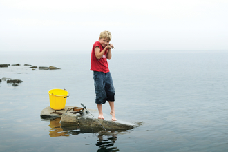 Archie stands on a rock in the sea with a bucket