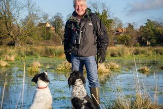 Tony stands in a wetland with his dogs