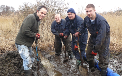 A group of friends dig in the mud